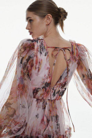 Karen Millen UK SALE Floral Tulle Plunge Woven Maxi Dress - floral