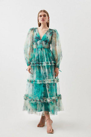 Karen Millen UK SALE Floral Tulle Plunge Woven Maxi Dress - green
