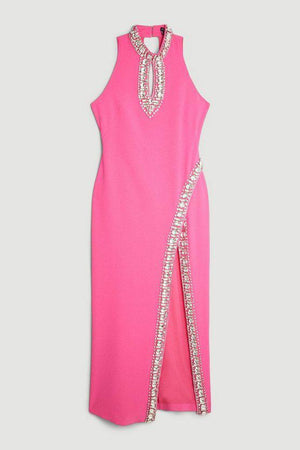 Karen Millen UK SALE Crystal Embellished Woven Thigh Split Midi Dress - pink