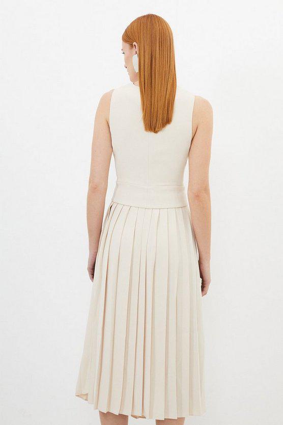 Karen Millen UK SALE Tailored Crepe Pleated Skirt Waistcoat Midi Dress - ivory