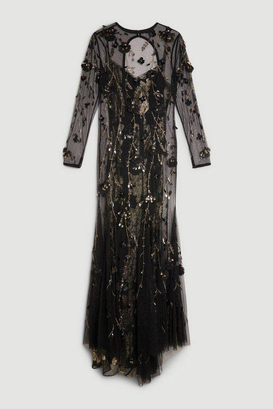 Karen Millen UK SALE Petite Floral Applique Metallic Thread Woven Maxi Dress