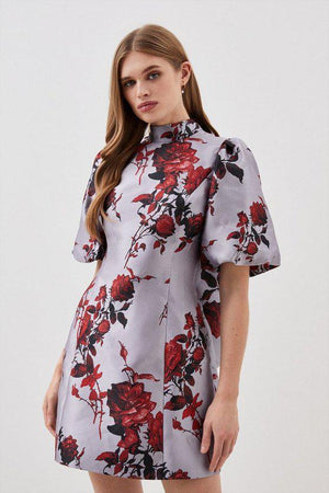 Karen Millen UK SALE Lydia Millen Floral Jacquard Panelled Puff Sleeve Woven Mini Dress - floral