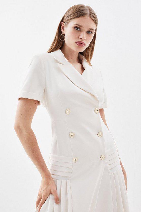 Karen Millen UK SALE Pleated Woven Midi Blazer Dress - ivory