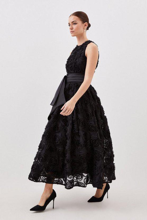 Karen Millen UK SALE Lydia Millen Petite Rosette Tulle Satin Woven Belt Prom Dress - black
