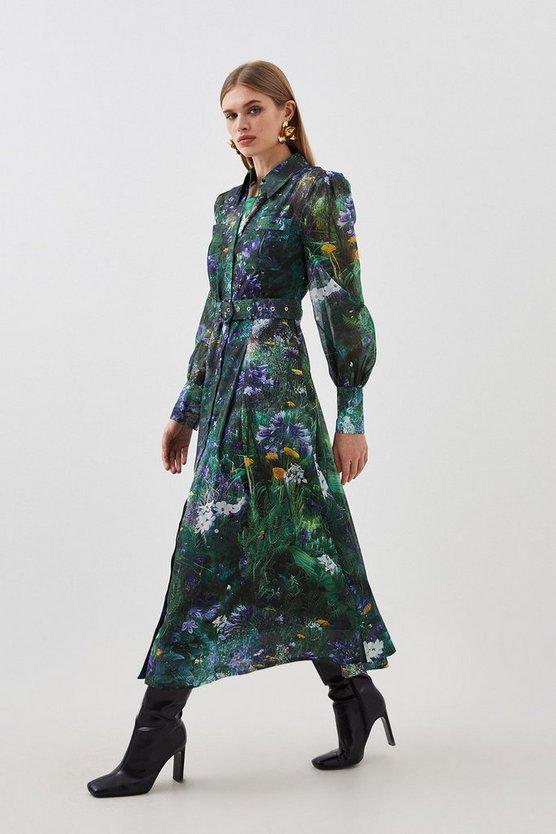 Karen Millen UK SALE Scenic Floral Printed Organdie Maxi Dress