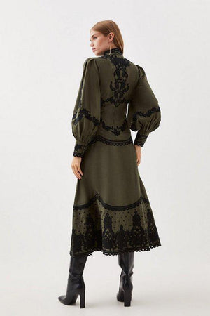 Karen Millen UK SALE Lydia Millen Cotton Cutwork Embroidered Woven Maxi Dress - khaki