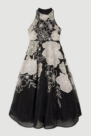 Karen Millen UK SALE Applique Organdie Halter Woven Maxi Dress - mono