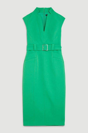 Karen Millen UK SALE Compact Stretch Tailored Forever Belted Cap Sleeve Pencil Dress - green