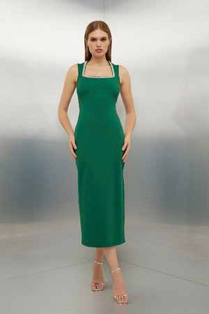 Karen Millen UK SALE Diamante Trim Ponte Midi Dress - green