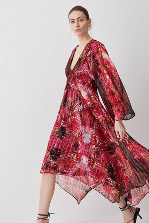 Karen Millen UK SALE Mirrored Placed Floral Leather Trim Kimono Woven Midi Dress