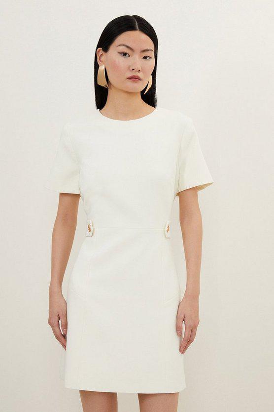 Karen Millen UK SALE Compact Stretch Essential Waist Tab Detail Tailored Mini Dress - cream
