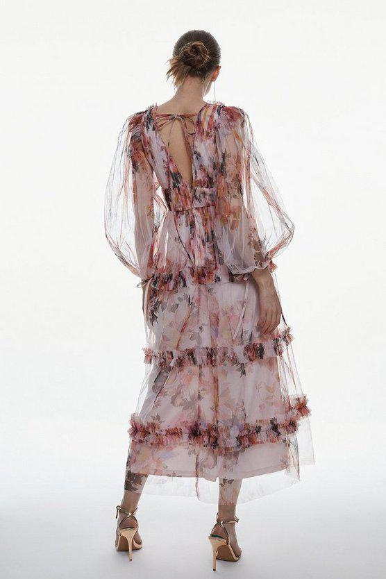 Karen Millen UK SALE Floral Tulle Plunge Maxi Dress
