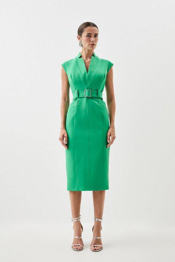 Karen Millen UK SALE Compact Stretch Tailored Forever Belted Cap Sleeve Pencil Dress - green