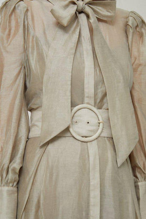 Karen Millen UK SALE Petite Linen Blend Organdie Woven Pussybow Midaxi Dress