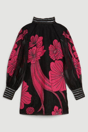 Karen Millen UK SALE Applique Organdie Floral Graphic Woven Mini Dress - black