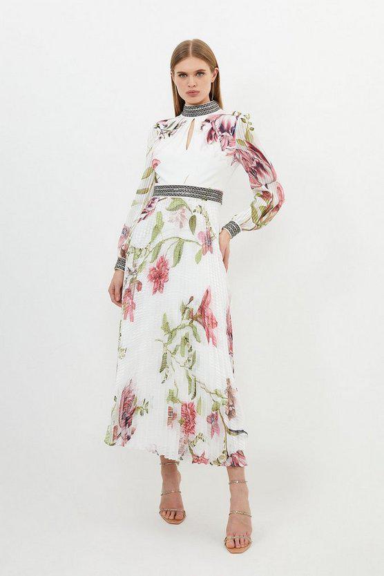 Karen Millen UK SALE Diamante Trim Delicate Floral Woven Maxi Dress