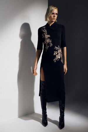 Karen Millen UK SALE The Founder Compact Stretch Viscose Embroidered Pencil Dress - black