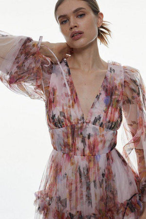 Karen Millen UK SALE Floral Tulle Plunge Maxi Dress
