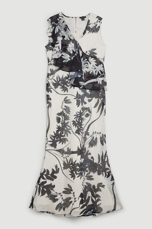 Karen Millen UK SALE Mono Floral Georgette Ruffle Front Midi Dress