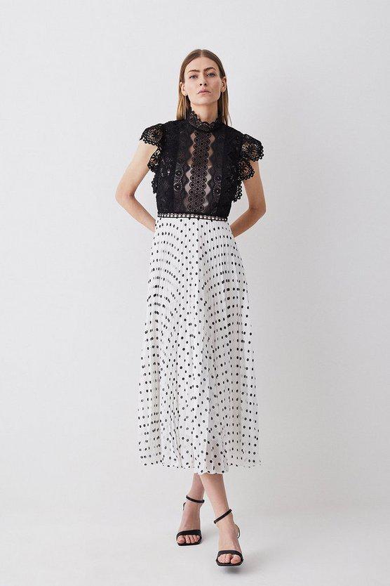 Karen Millen UK SALE Guipure Lace Dot Pleated Skirt Midi Dress