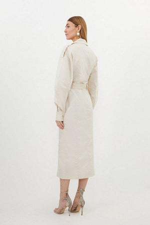 Karen Millen UK SALE Cotton Sateen Woven Maxi Shirt Dress - stone