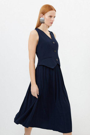 Karen Millen UK SALE Tailored Crepe Pleated Skirt Waistcoat Midi Dress - navy