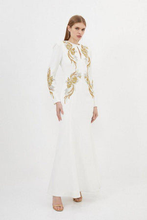 Karen Millen UK SALE Premium Crystal Power Shoulder Embellished Woven Maxi Dress