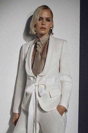 Karen Millen UK SALE The Founder Premium Twill Tie Waist Detail Blazer - ivory