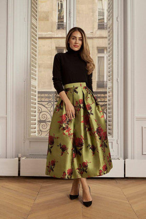 Karen Millen UK SALE Lydia Millen Floral Jacquard Prom Woven Midi Skirt - green