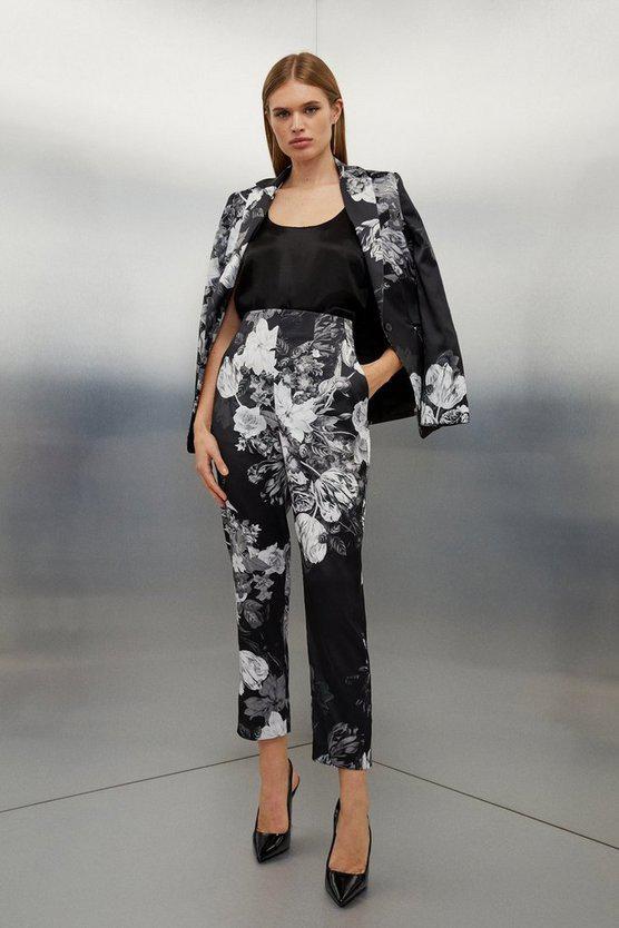 Karen Millen UK SALE Italian Structured Satin Floral Bloom Printed Trousers