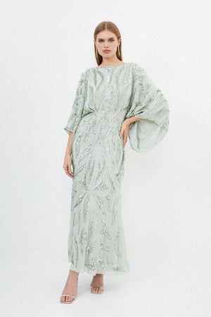 Karen Millen UK SALE Embellished Woven Maxi Dress - sage