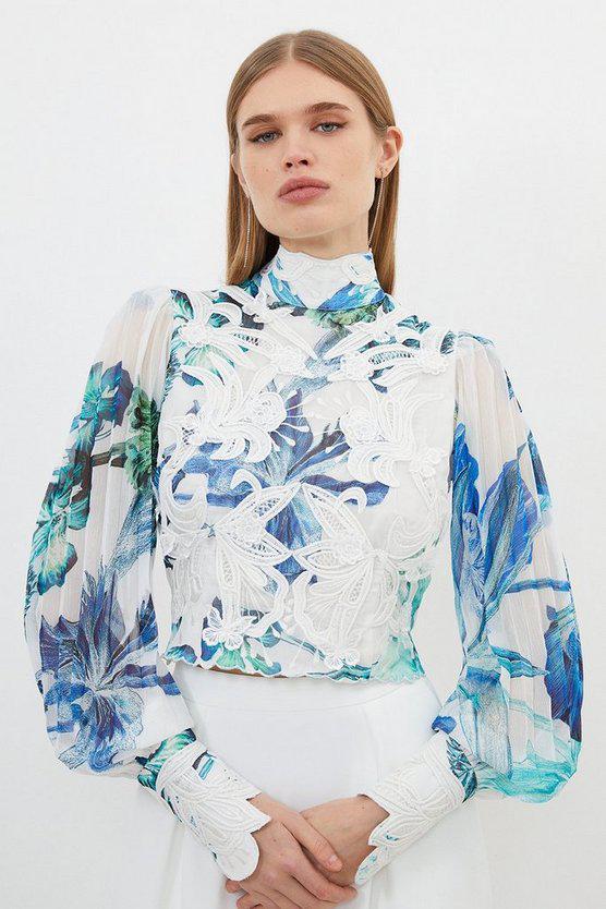 Karen Millen UK SALE Floral Applique Woven Lace Blouse