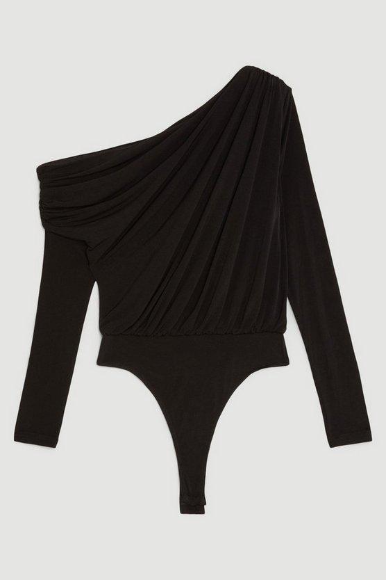 Karen Millen UK SALE Drapey Crepe Jersey Asymmetrical Bodysuit - black