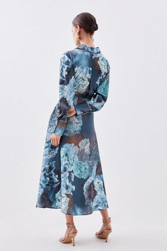 Karen Millen UK SALE Petite Abstract Floral Draped Satin Woven Midi Dress