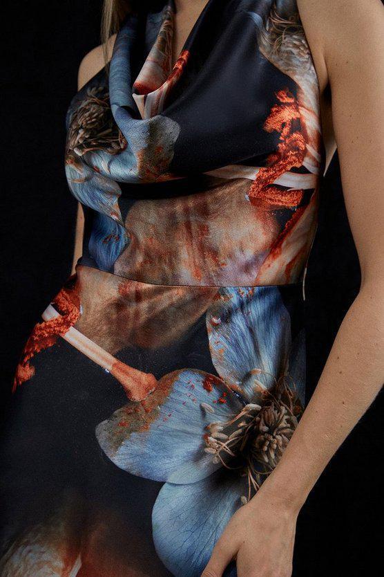 Karen Millen UK SALE Photographic Floral Woven Satin Maxi Dress