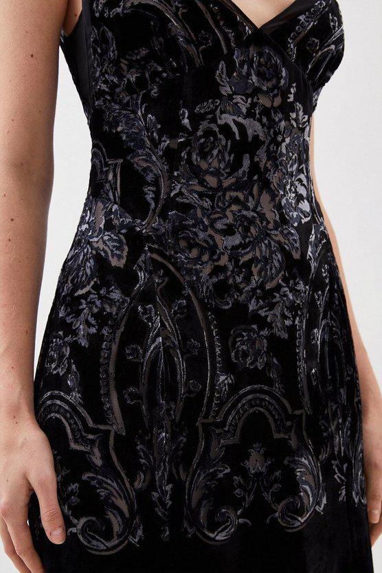 Karen Millen UK SALE Placed Velvet Devore Strappy Woven Maxi Dress
