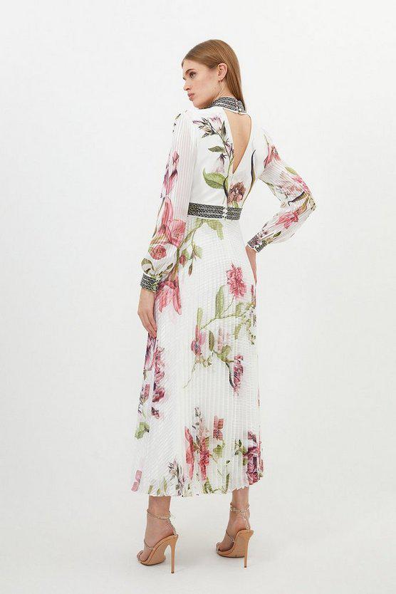 Karen Millen UK SALE Petite Diamante Trim Delicate Floral Woven Maxi Dress