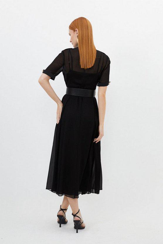 Karen Millen UK SALE Contrast Satin Viscose Georgette Woven Belted Midi Dress