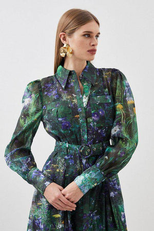 Karen Millen UK SALE Scenic Floral Printed Organdie Maxi Dress