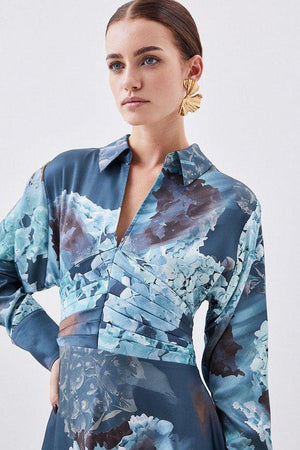 Karen Millen UK SALE Petite Abstract Floral Draped Satin Woven Midi Dress