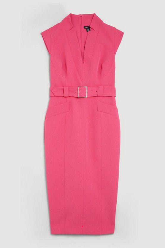 Karen Millen UK SALE Compact Stretch Tailored Forever Belted Cap Sleeve Pencil Dress - pink