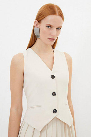 Karen Millen UK SALE Tailored Crepe Pleated Skirt Waistcoat Midi Dress - ivory