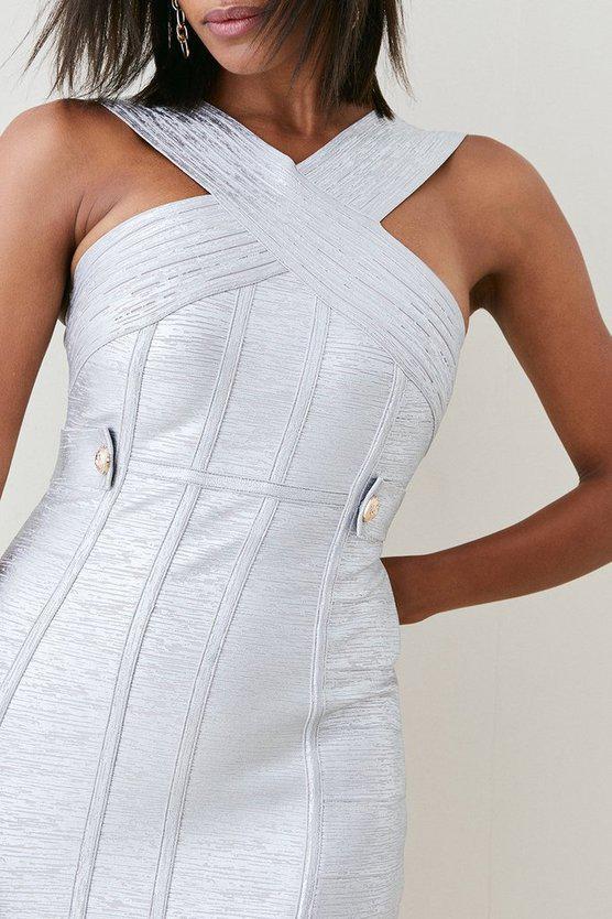 Karen Millen UK SALE Figure Form Bandage Foiled Cross Front Knit Midi Dress - silver
