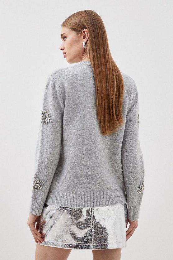 Karen Millen UK SALE Wool Blend Embellished Cosy Knit Jumper - grey marl