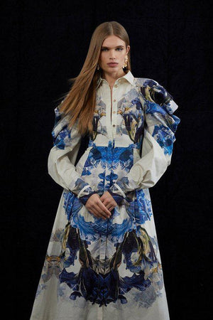 Karen Millen UK SALE Petite Mirrored Floral Print Cotton Midi Dress