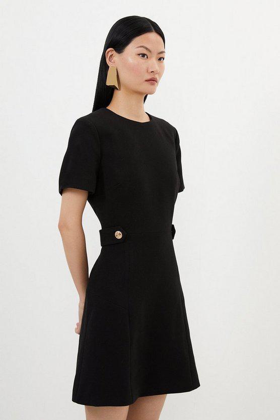 Karen Millen UK SALE Compact Stretch Essential Waist Tab Detail Tailored Mini Dress - black