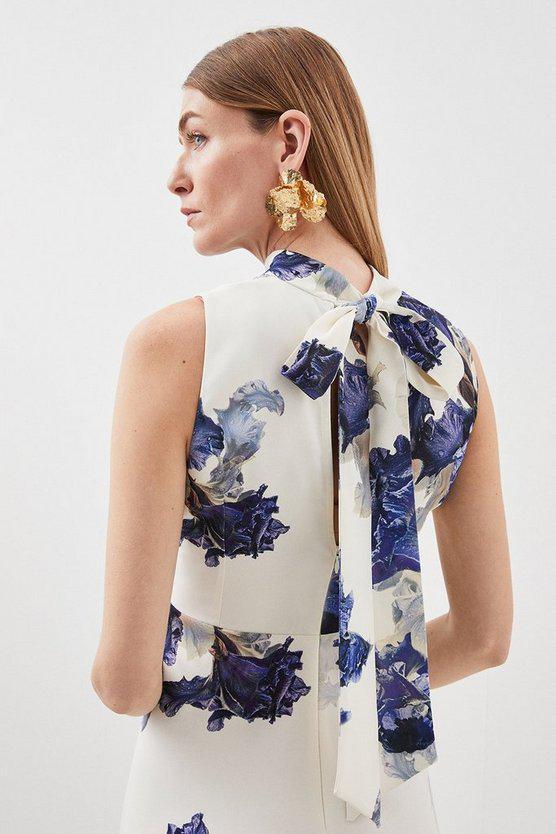 Karen Millen UK SALE Petite Tailored Crepe Floral Print Tie Neck Midi Dress