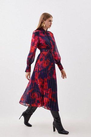 Karen Millen UK SALE Floral Georgette Pleated Woven Belted Midi Dress