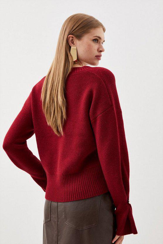 Karen Millen UK SALE V Neck Premium Alpaca Wool Blend Mid Weight Full Sleeve Knit Jumper - wine