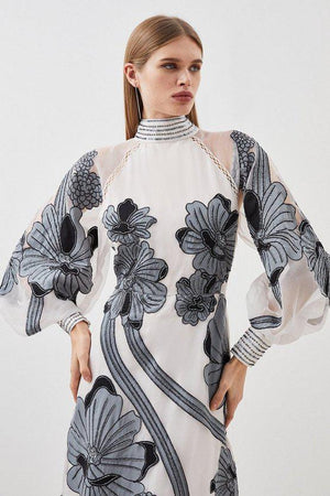 Karen Millen UK SALE Applique Organdie Floral Graphic Woven Maxi Dress - silver